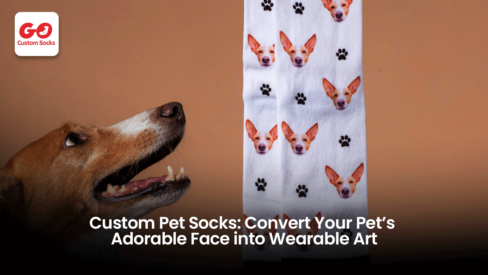 A pair of custom pet socks featuring a smiling dog's face